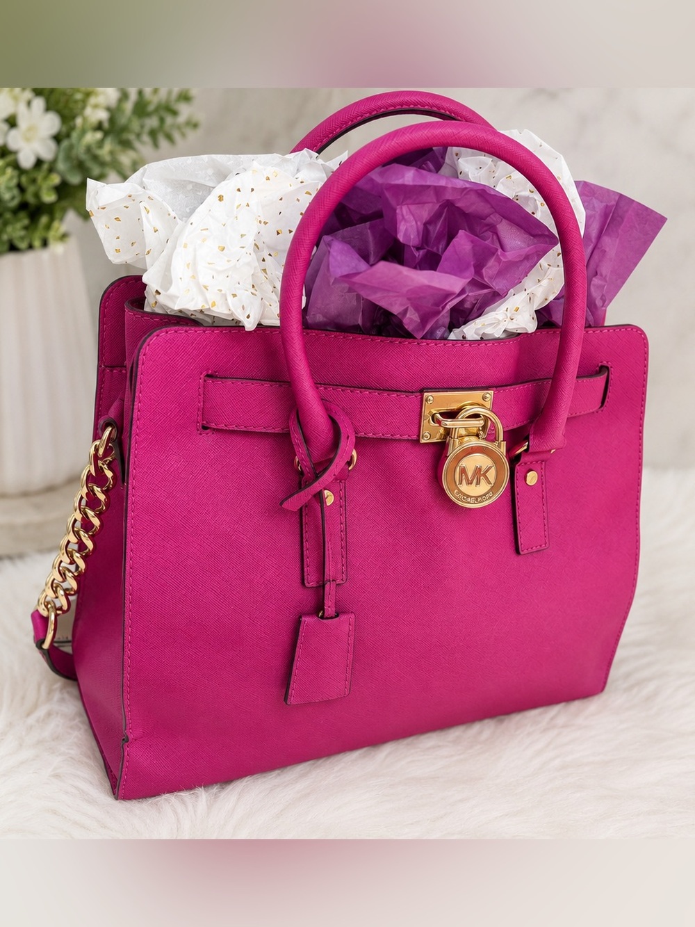 RARE Michael Kors Hamilton Large Tote Fuchsia Pink Saffiano Leather Gold Bag